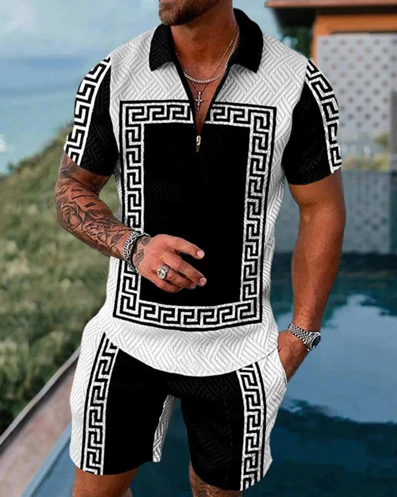 

Luxury Men's Tracksuit Summer Short Sleeve Polo Shirt Shorts Fashion Beach Coconut Tree Breathable Clothing Men 2 Piece Set