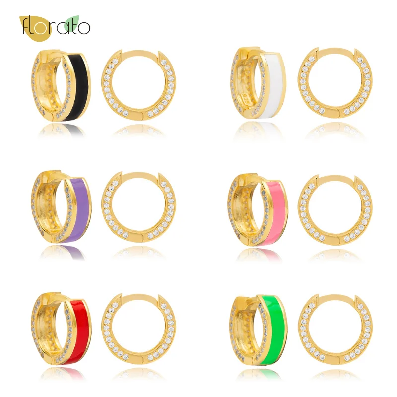 

925 Sterling Silver Ear Needle Crystal Hoop Earrings For Women Colorful Enamel Round Gold Earrings Luxury Jewelry Accessories