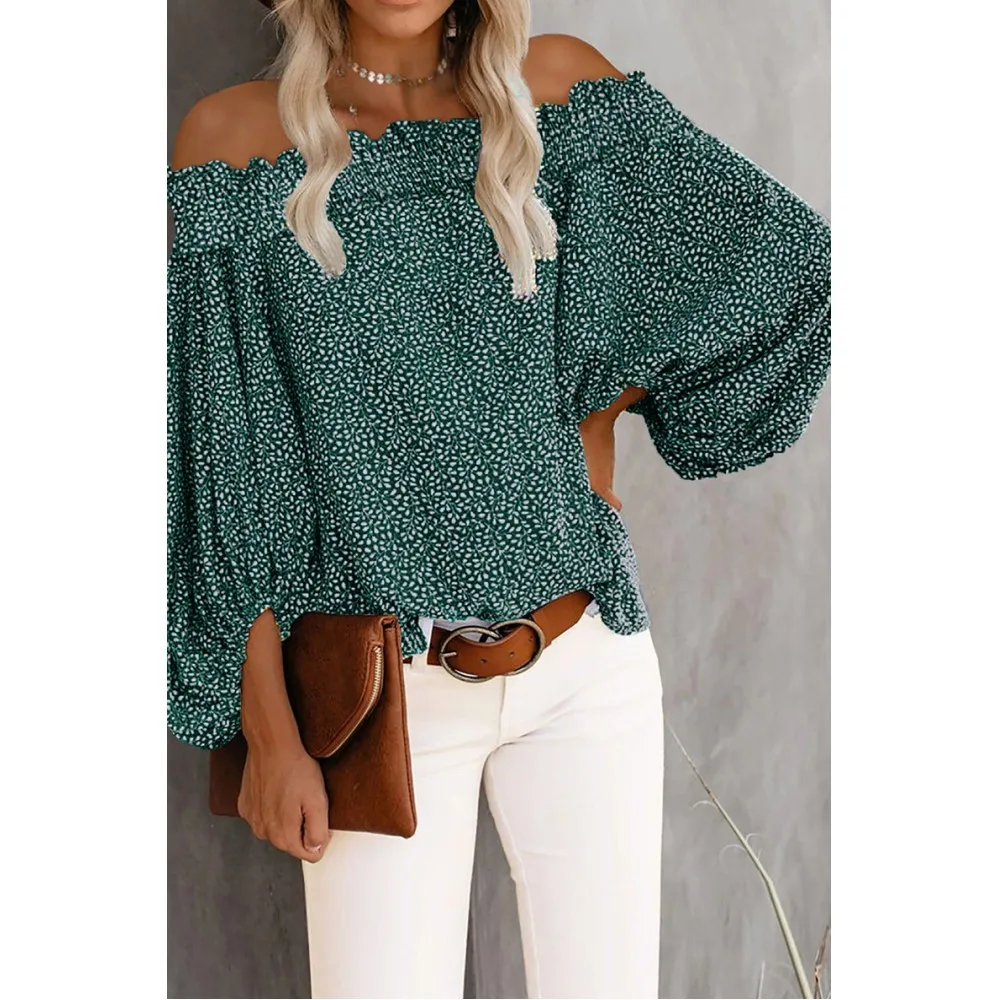 

Elegant Blouse Flower Autumn Sexy Off Shoulder Long Sleeve Chiffon Shirt Lantern Sleeve Loose Top Lady