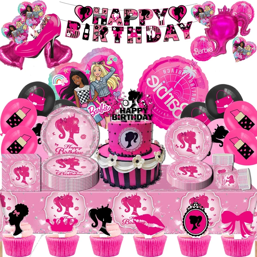 Hot movie Barbie Birthday Party set dinnerware Banner Cake Disposable Topper Hanging Flag Balloons Decoration