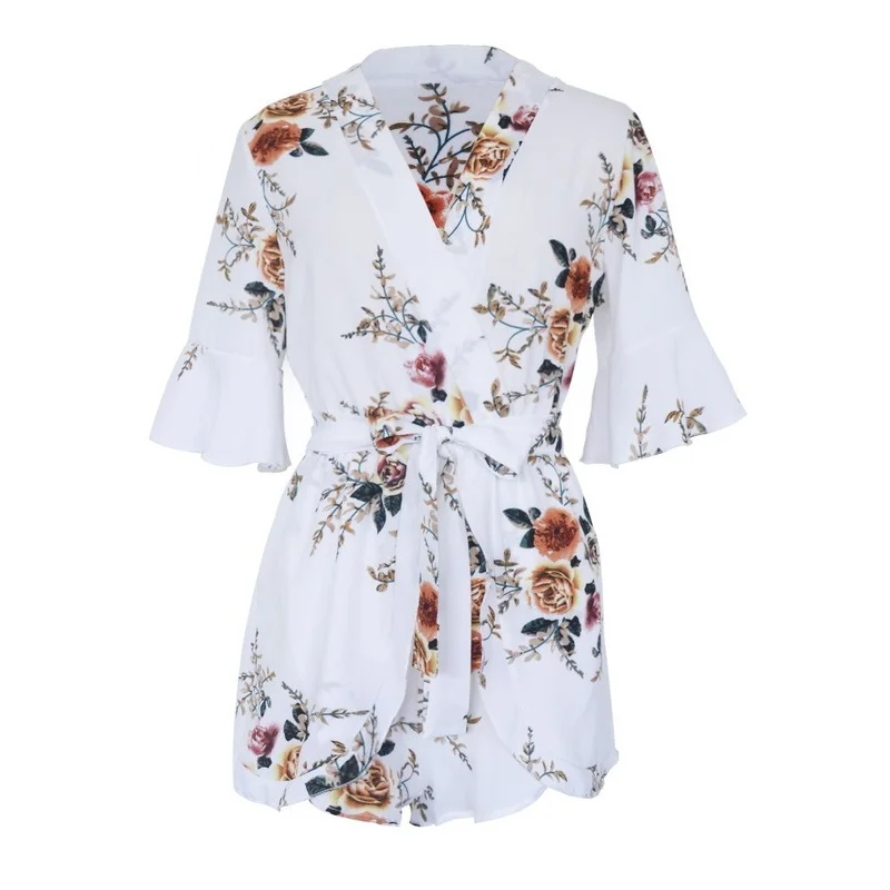 Summer New Indie Women Jumpsuit Sexy V-neck Short Sleeve Bodysuit Shorts Floral Printed Boho Casual Kobieta Sukienka Rompers Y2k