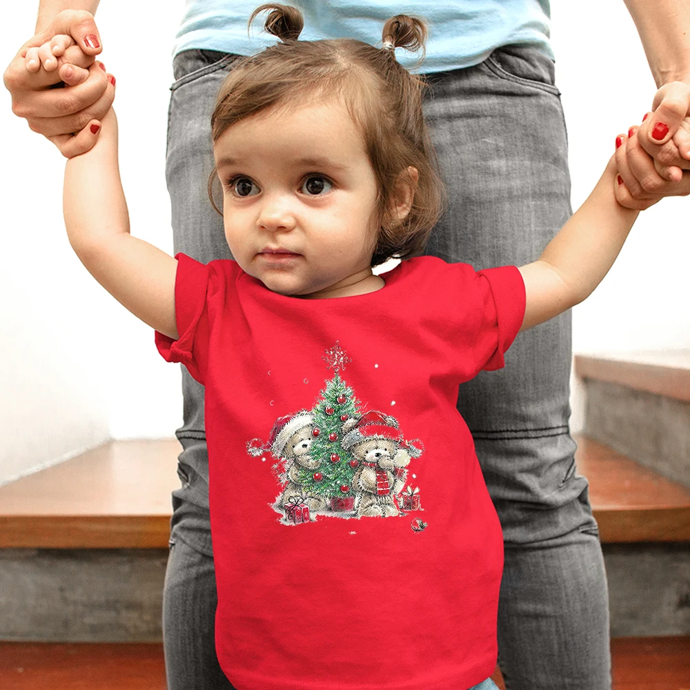 

Рождественская Детская футболка большого размера с милым мультяшным маленьким медведем одежда для маленьких девочек Европейская и американская мода рождественские детские топы