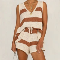 casual striped ladies knit suit 2022 summer fashion new v neck vest tops high waist drawstring shorts sweater two piece suits
