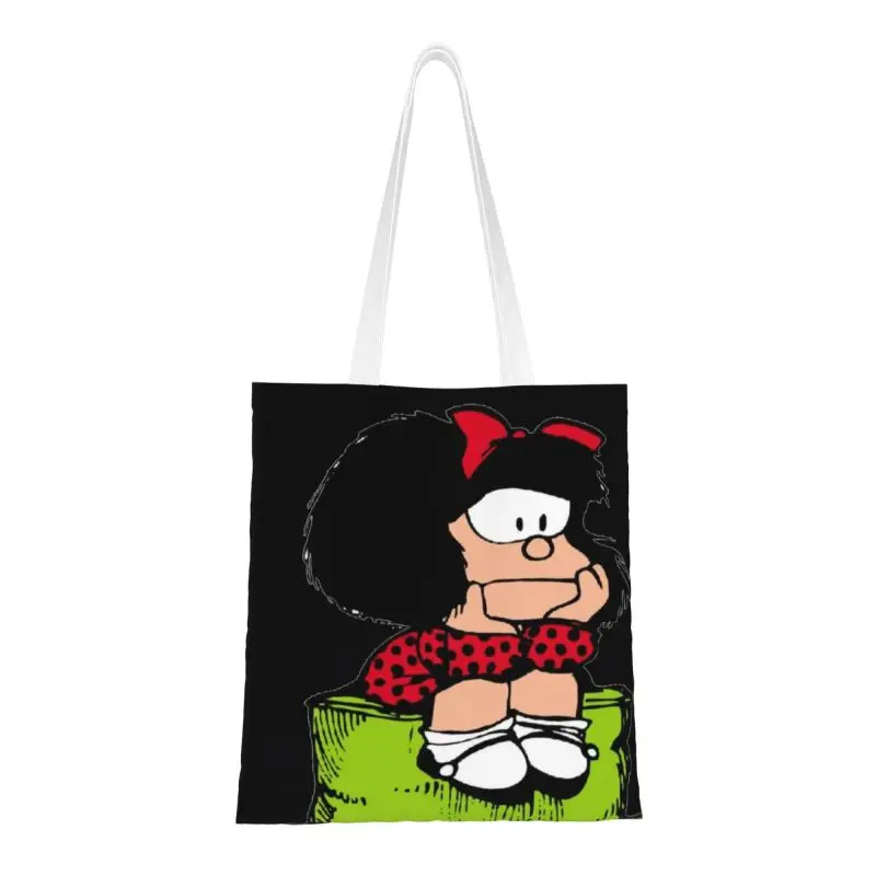 

Recycling Mafalda Thinking Shopping Bag Women Shoulder Canvas Tote Bag Durable Quino Comic Cartoon Groceries Shopper Bags