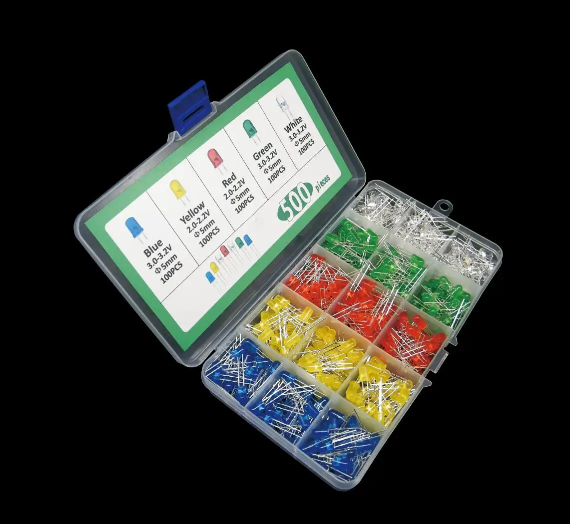 

500pcs= 5 colors straight plug f5mm LED LED red yellow blue green white light