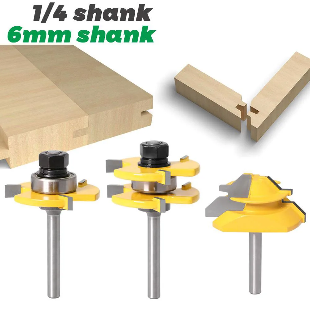 

3PC/Set 1/4" 6.35MM 6MM Shank Milling Cutter Wood Carving 45 Lock Miter Bit Tongue Groove Router Bit Set Anti Kickback Design