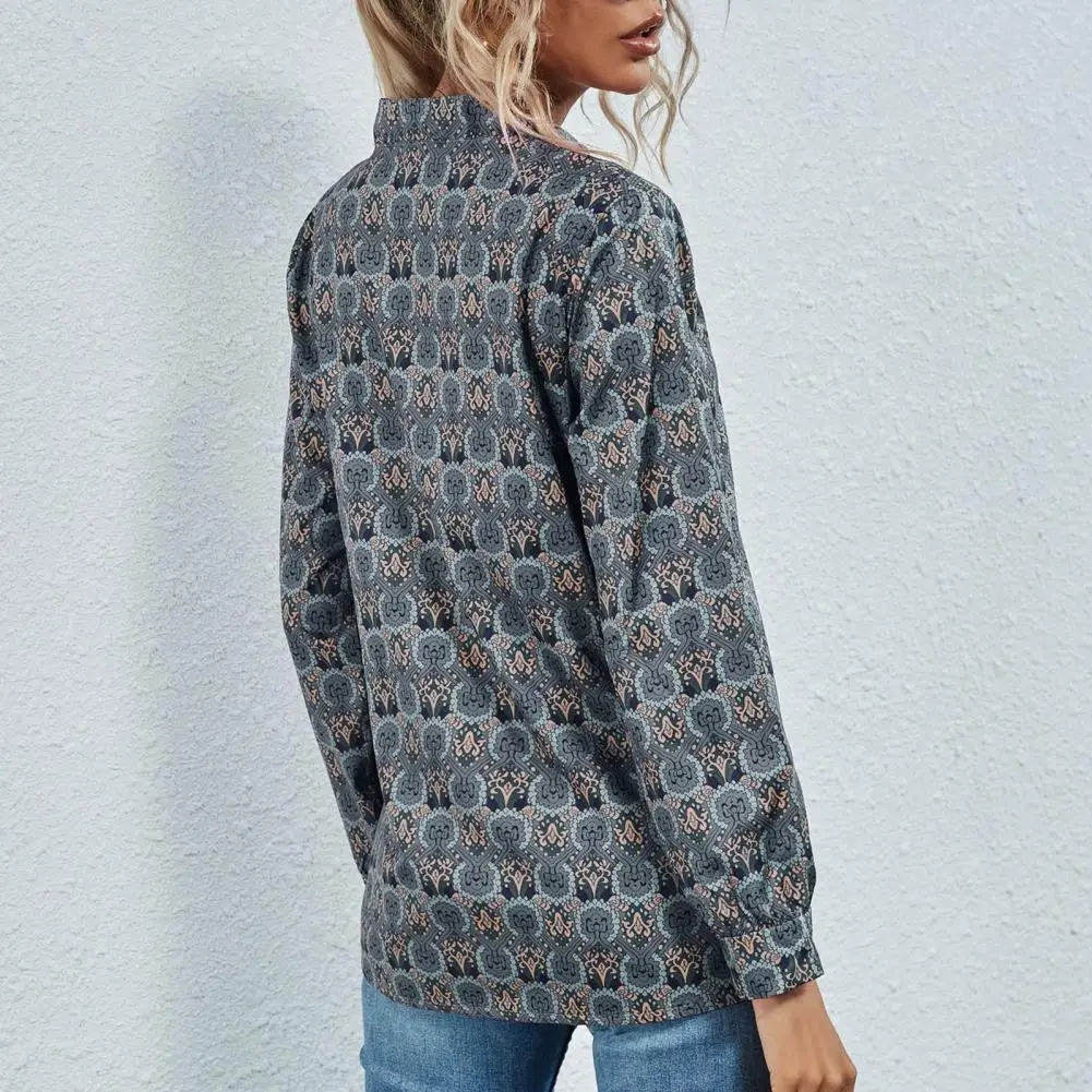 

Loose Fit Trendy Vintage Geometry Printing Lady Shirt Comfy Spring Shirt Shrink Resistant Female Clothing