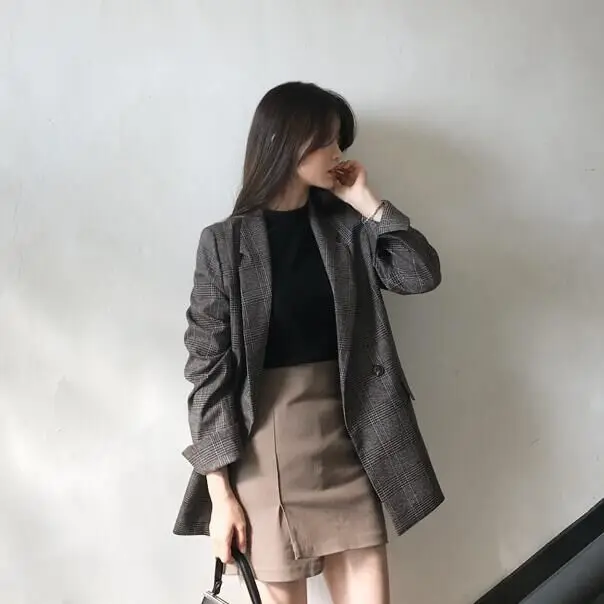 Retro British Suit Jacket Women Autumn Winter Coat Blazers Korean Style Striped Plaid Woman Vintage Clothes Black Coats Office