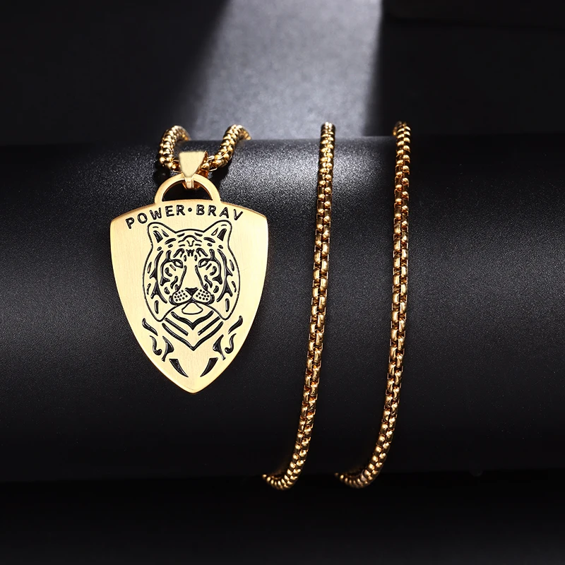 

Stainless Steel Shield Domineering Animal Bengal Tiger Charm Necklace for Men Women Personality Fashion Party Accessories