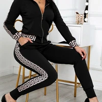 2022 tracksuits women elegant two pieces suit sets female stylish greek fret print coat pant zip sets joggers y2k