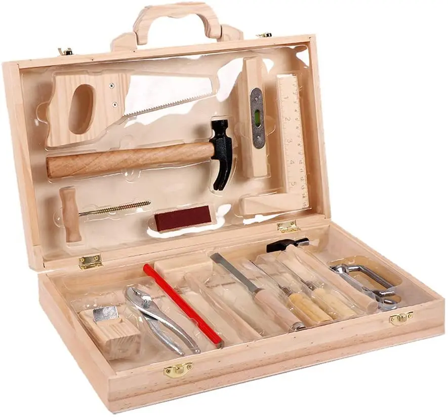 Caja de Herramientas de carpintería para niños, juguete de madera, regalo