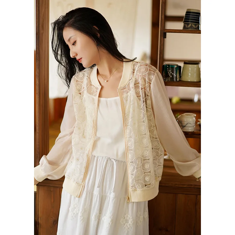 

Hollow Mesh Women's Jaket Summer Jacket Women Small Fragrance Embroidery Sun Protection Clothing Femme Baseball Uniform