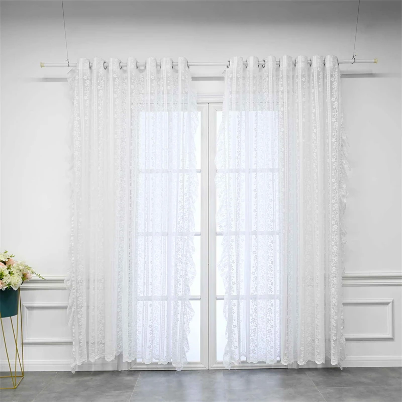 

French Romantic White Ruffle Flower Embroidered Lace Sheer Tulle Girls Bedroom Curtain For Living Room Balcony Window Drapes