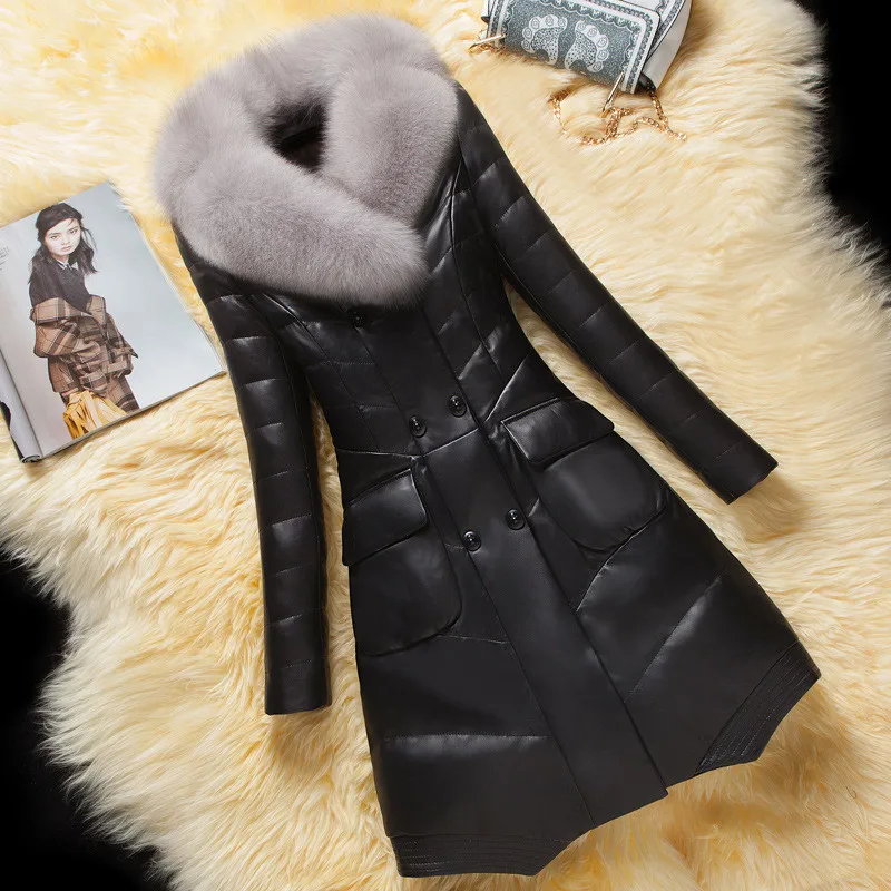 2022 Winter Women PU Leather Coat High Quality Weight Jacket Duvet Faux Leather Fox Fur Collar Fashion Female Down Parka L748 enlarge