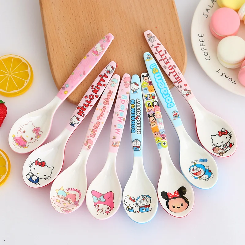 Cartoon Hello Kitty My Melody Littletwinstars Spoon Long Handle Plastic Household Cute Children Baby Learn To Eat Feeding Spoon