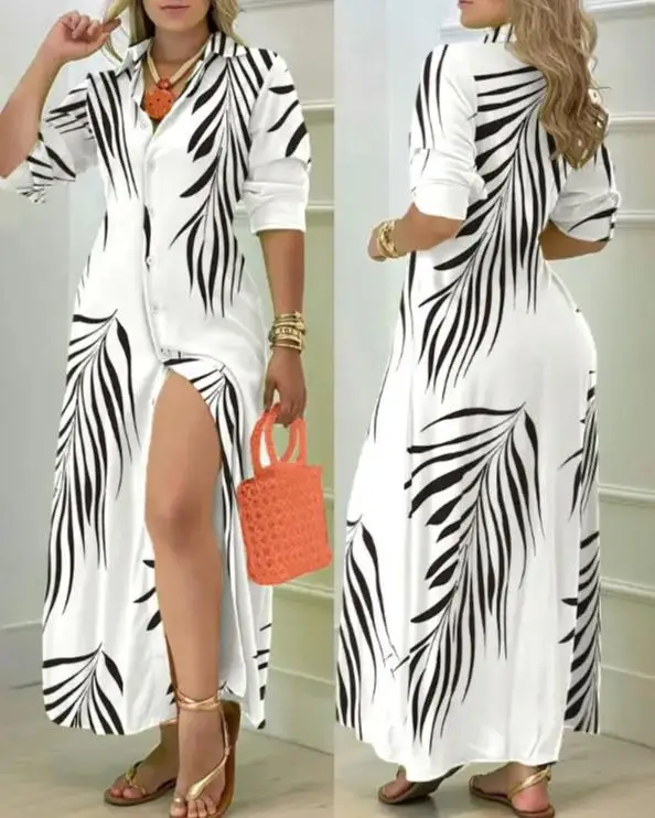 

Женское платье-рубашка на пуговицах, повседневное свободное Белое Платье макси с длинным рукавом и растительным принтом, Новинка лета 2022