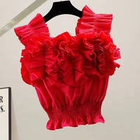 2021 summer new waist and slim v neck french shirt womens red pleated ruffled sleeveless top summer tees folds