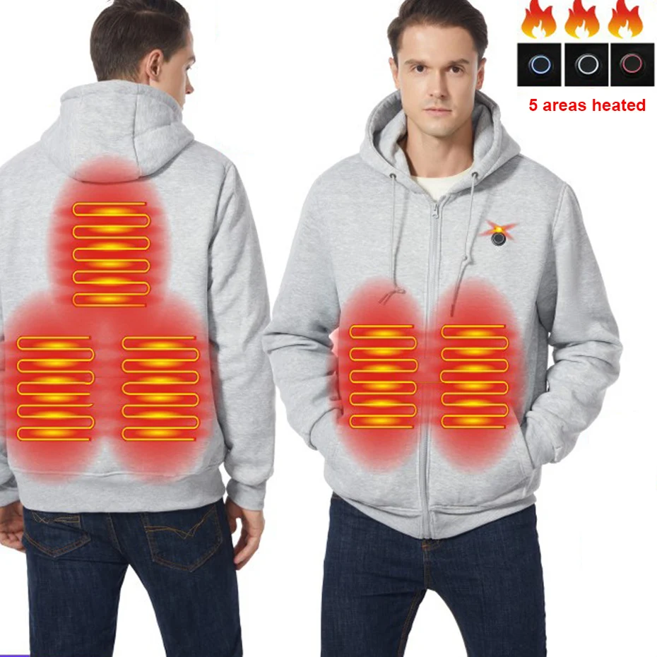 Мужская зимняя толстовка с капюшоном и подогревом черная/серая