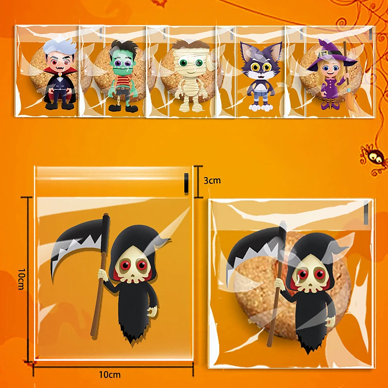 

100Pcs 10x10+3cm Plastic Halloween Self-Adhesive Bags Candy Cookie Gift Bag Halloween Baking Wrap Bag For Halloween Party Decors
