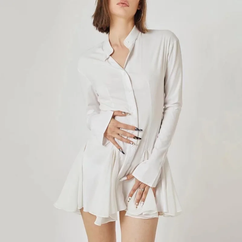 

Новинка весны, модное женское однотонное платье-рубашка с воротником-стойкой, оборками и длинными рукавами, белое