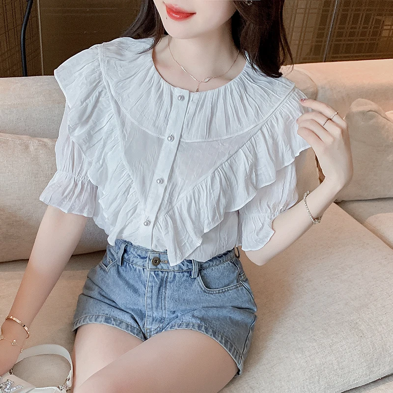 

Ruffles Loose Shirt Chiffon Women's Blouse Summer O-Neck Short Sleeve 2022 Casual Top Fashion Female New Korean Style Clothing