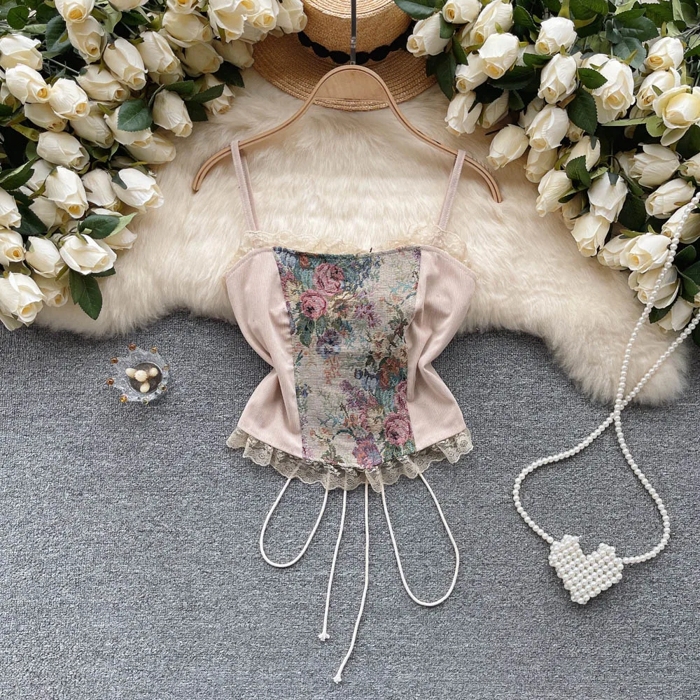 

Women's Patchwork Imitaition Denim Camis American Retro Cross Lacing Bow Tube Tops Print Lace Tank Tops Vintage Backless Corset