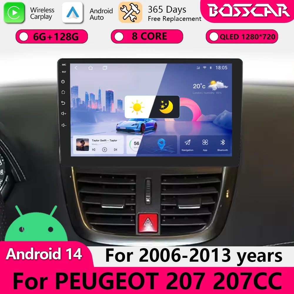 Фото Беспроводное авторадио CarPlay BOSSCAR для PEUGEOT 207 207CC 2006-2013, автомобильный радиоприемник, мультимедийный плеер, Android 14, авто стерео GPS №1