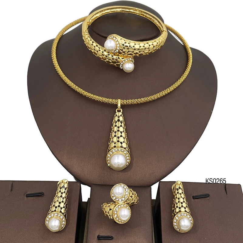 

Italian Brazilian Gold Plated Jewelry Set Necklace Earrings Bracelet Ring Set For Wedding Party Bridal Item With Free Shipping
