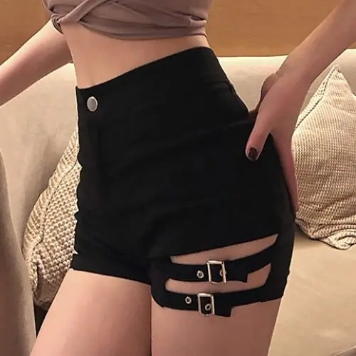 

Women's Hollow Strap High Waist Tight Shorts Polo Dance Outside Wear Black