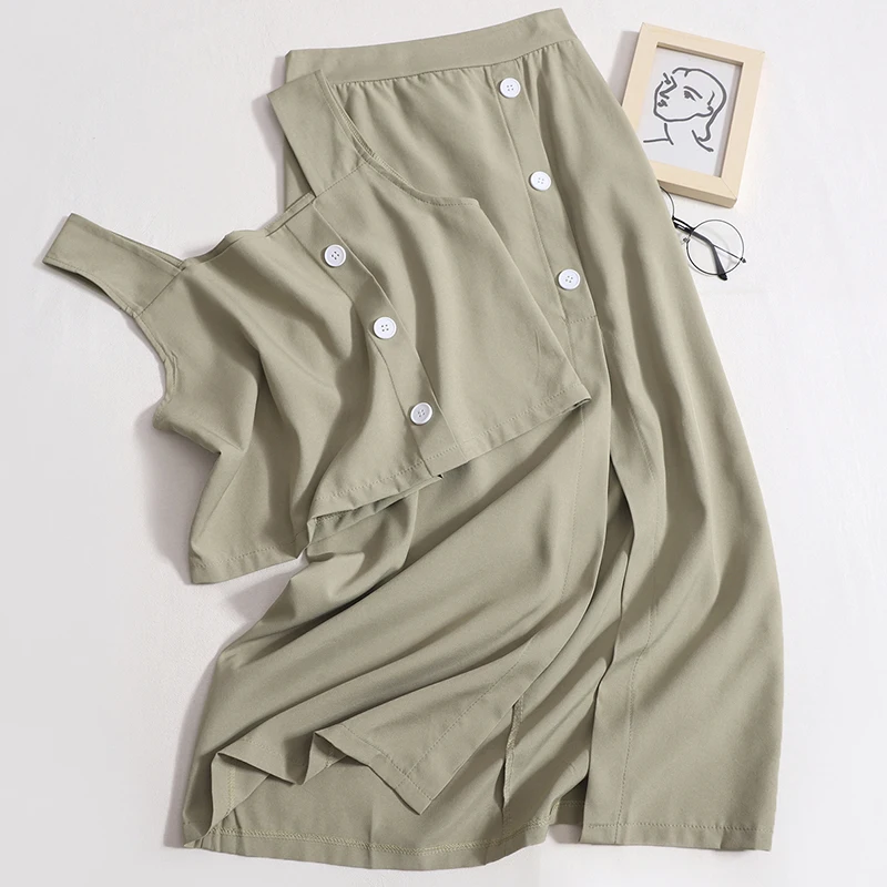 

Женский костюм из двух предметов, милый и пряный летний костюм из короткой майки с высокой талией и длинной юбки с разрезом