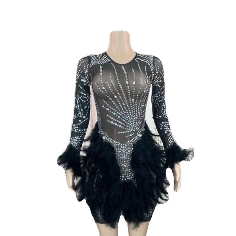 Rhinestone Women Sexy Sparkly Feathers Long Sleeves Mesh Dress Singer Dancer Performance Costume
