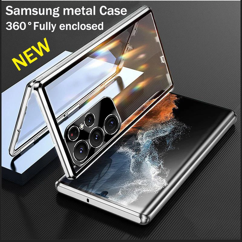 Чехол из алюминиевого сплава для Samsung Galaxy S23 S22 S21 Ultra, полностью закрытый защитный стеклянный чехол с магнитной адсорбцией на 360 °