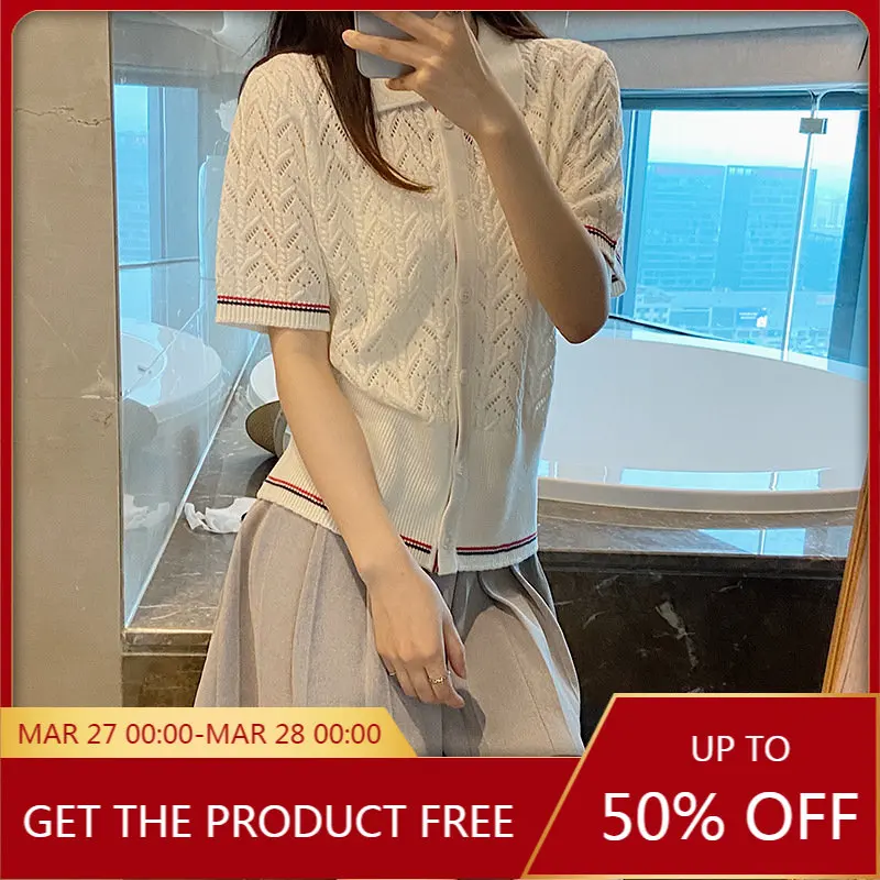 

TB Short Sleeved Cardigan Women's Spring and Summer Thin Stripe Contrast Wispy Knit Short Lapel T-shirt Bottom Top Trend