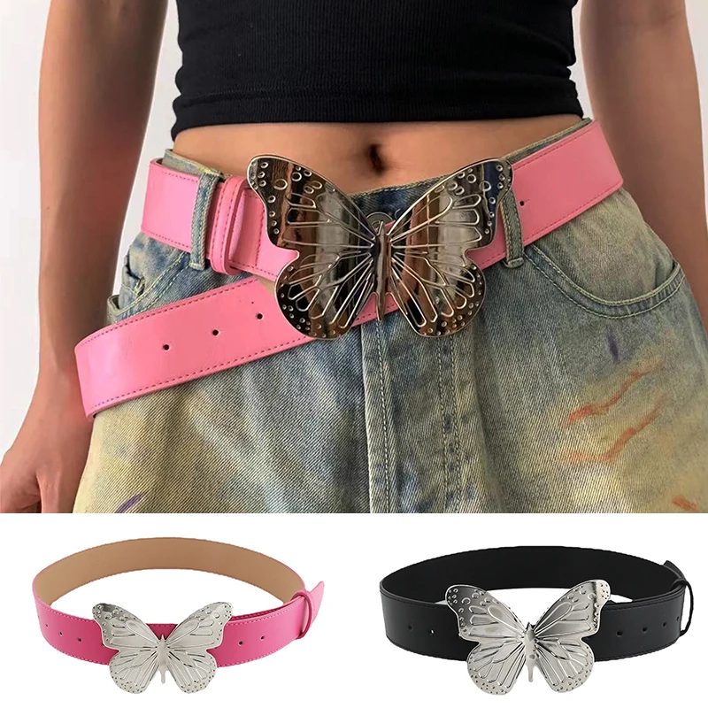 Metal Butterfly Pu Belt Women Butterfly Buckle Waist Strap Designer Gothic Female Jeans Trouser Decoration Waistband Accessories