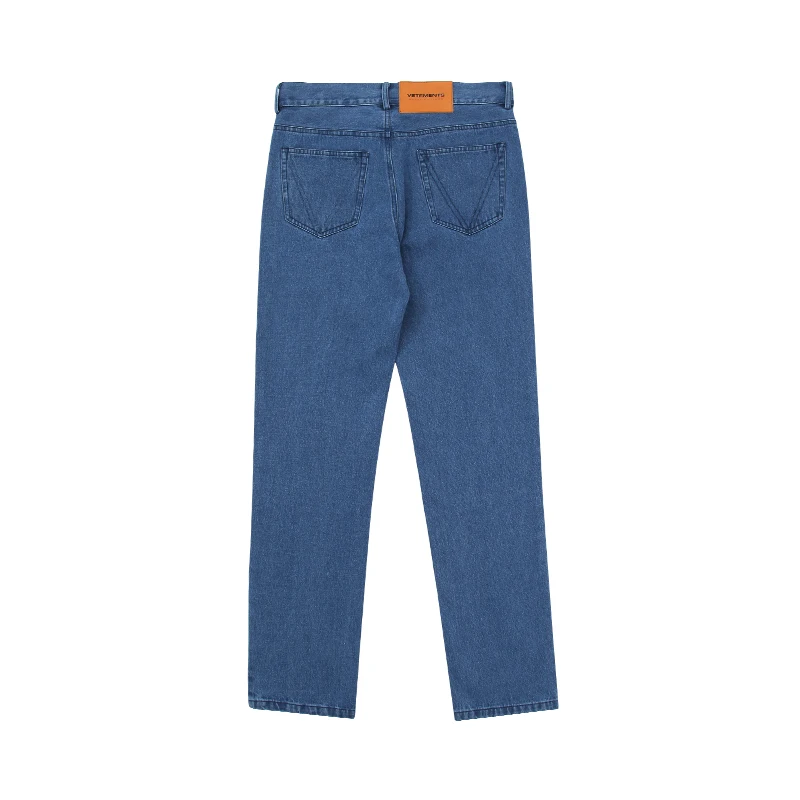 VETEMENTS  Letter Embroidered Wash Blue American Casual Retro Loose Straight Leg Denim Pants
