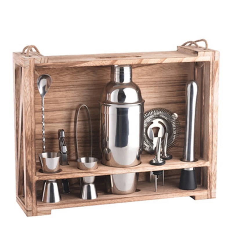 

11PCS Bartender Tools Set Spoon Measuring Cup Cocktail Tools Cocktail Shaker Mixer Kit with Wooden Shelf,Juicer for Bar