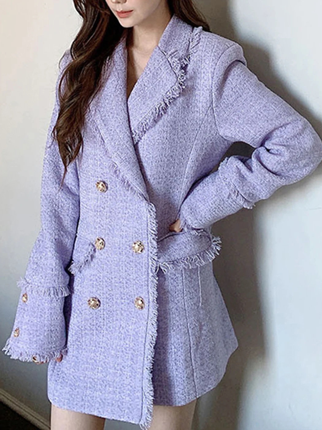 

Chic Tweed Blazer Coat Women Spring Autumn Turndown Collar Double Breasted Mid-length Fashion Woolen Jacket Female 2022 New