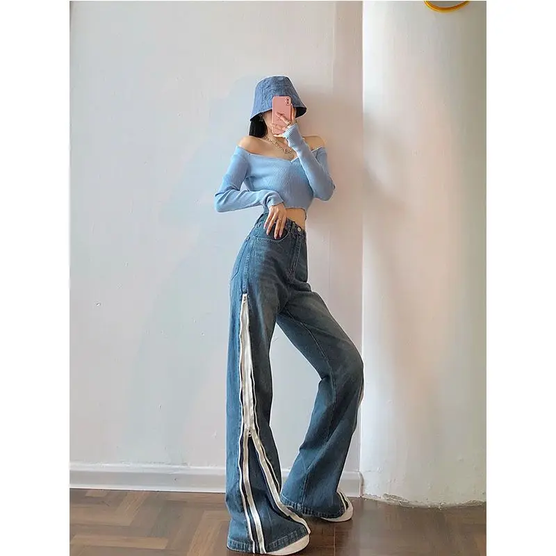

Джинсы женские контрастные с молнией сбоку, длинные брюки-карго из денима, мешковатые брюки-бойфренды в стиле Харадзюку, модная одежда, гранж, y2k