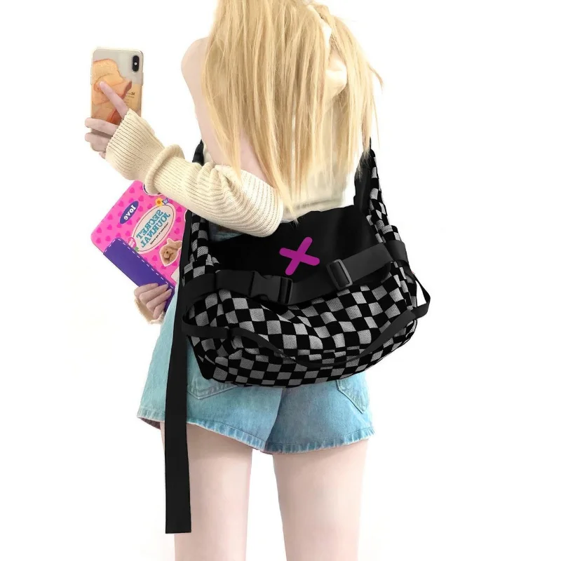 

Y2k Gothic Handbag for Women Japanese Harajuku Style Plaid Pattern Biker Shoulder Bag Large Capacity Vintage Crossbody Bag