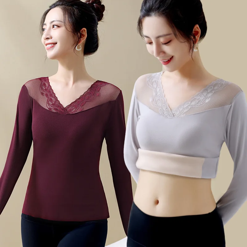 Sexy Lace Women's Thermal Underwear With Bra Winter Thermo Lingerie V Neck Slimming Warm Bottoming Top Warm Undershirt Intimate