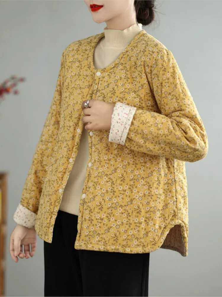 Оверсайз осенне-зимнее стеганое хлопковое пальто с цветочным принтом женское