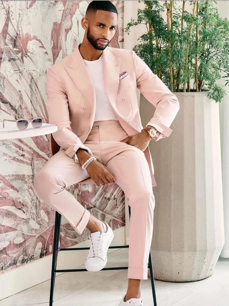 Fashion Pink Slim Fit Mens Suits For African Groom Wedding Peaked Lapel Tuxedo 2 Piece Jacket Pants Set Formal Costume Homme