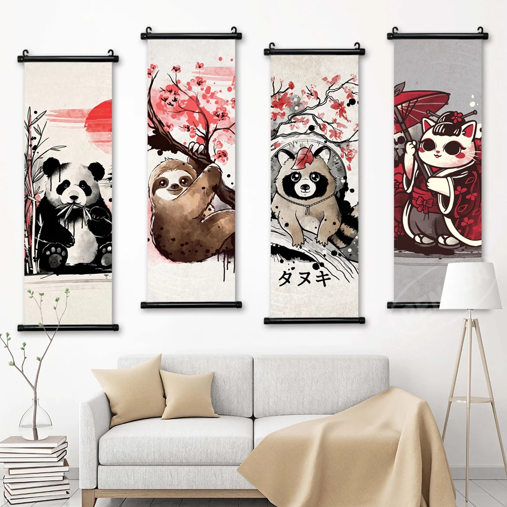 

Wall Panda Artwork Cat Canvas Abstract Pictures Umbrella Painting Sloth Printed Frog Poster Fox Hanging Scrolls Home Decoration