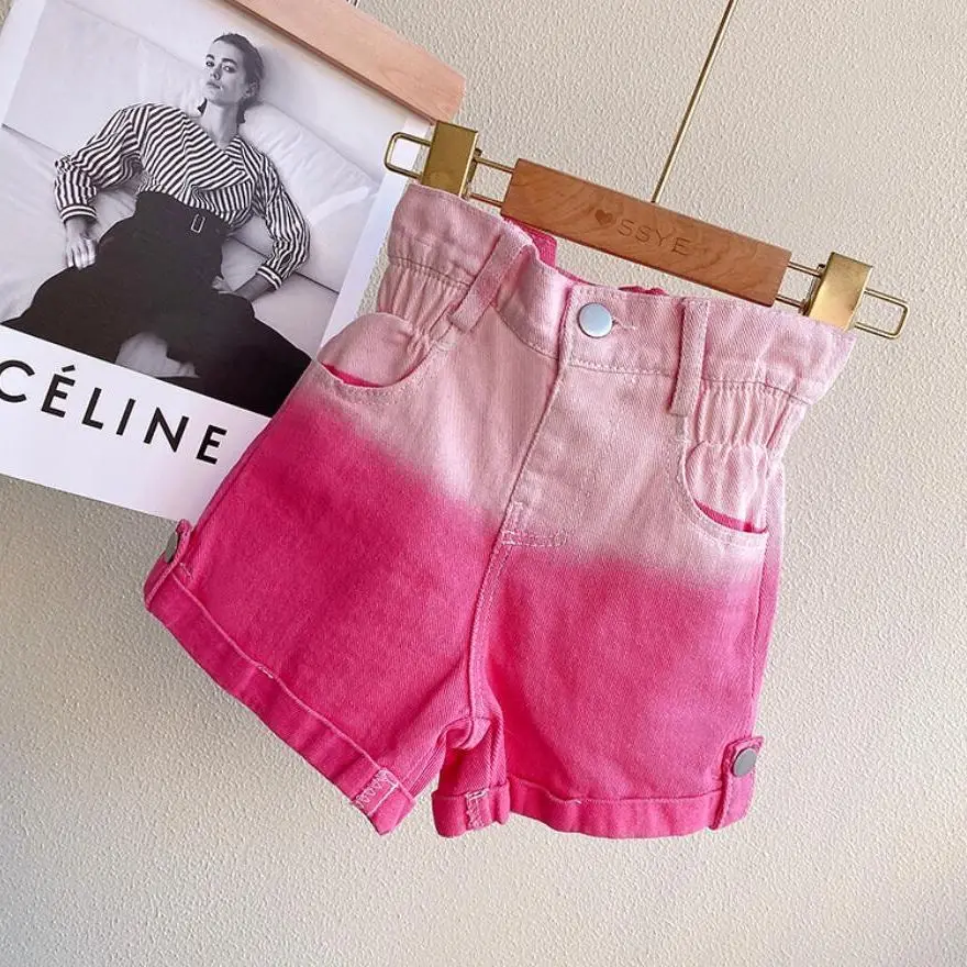 

Розовые джинсовые шорты с градиентом для девочек, летние детские тонкие джинсы с высокой талией, Детские повседневные универсальные брюки, ...