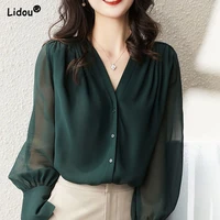 elegant summer gauze long sleeve solid color button v neck blouses straight loose chiffon thin comfortable womens clothing 2022
