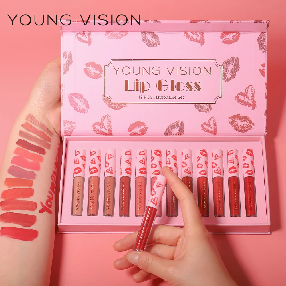 

12 Color Sets Sexy Women Matte Velvet Gloss Lip Gloss Suit Lacquered Glass Lip Dense Moisturizing Pearlescent Lip Glaze Lipstick