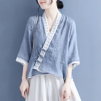 cotton linen lace slanted placket chinese tops vintage ethnic style clothes women tang suit spring summer loose irregular blouse