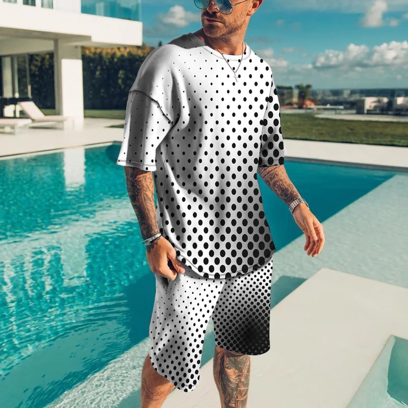 

Summer Men's Casual T-shirt Suit Polka Dot Printing Fashion Street Harajuku Style Two-piece Round Neck Short Sleeve + Shorts Men