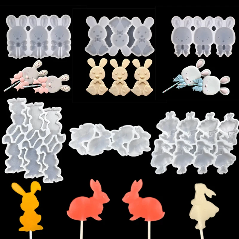 

3D Easter Bunny Design Lollipop Silicone Mold DIY Rabbit Fondant Chocolate Candy Mould Cake Decorating Tools Baking Accessories