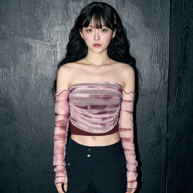 

Temperament One-shoulder Mesh Splicing Color Collision False Two-piece Short Summer Light Long-sleeved Wrap T-shirt Blouse